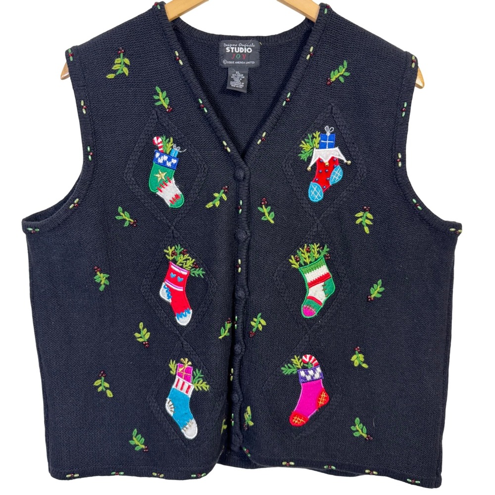 Vintage Christmas Vest XL Chunky Stockings Embroidered Black Cotton Ramie Beaded